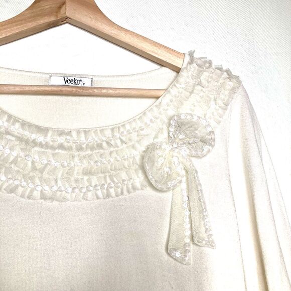 Veeko Womens Top White 3/4 Sleeve Scoop Neck Bow Embellished Sequins Party M - Picture 5 of 8